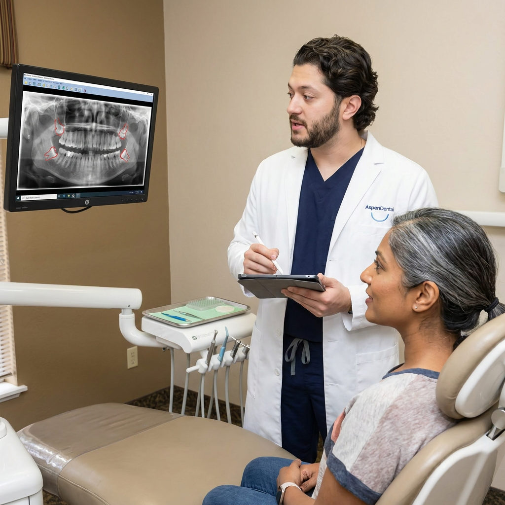 A C. Patrick Gray, DDS. dentist in Flint explains wisdom teeth removal to a patient using a panoramic X-ray on a chairside monitor.