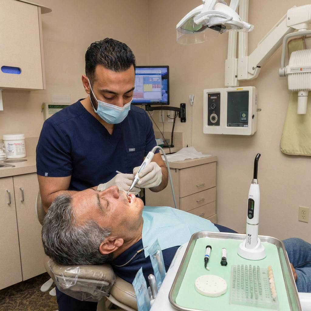 A C. Patrick Gray, DDS. dentist in Flint uses a SonicFill handpiece to place a tooth colored filling for a reclining patient.