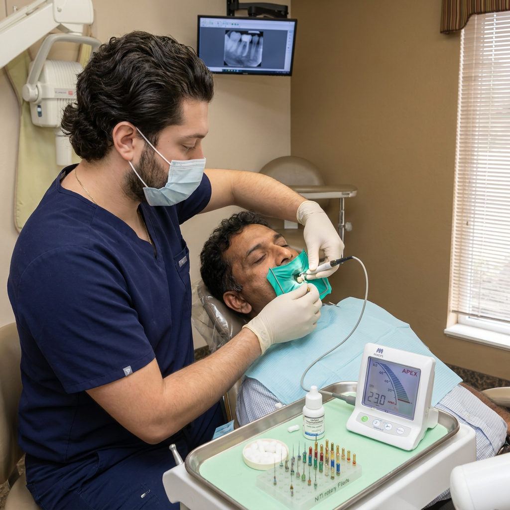 A C. Patrick Gray, DDS. dentist in Flint uses an electronic apex locator during root canal therapy for a relaxed man.