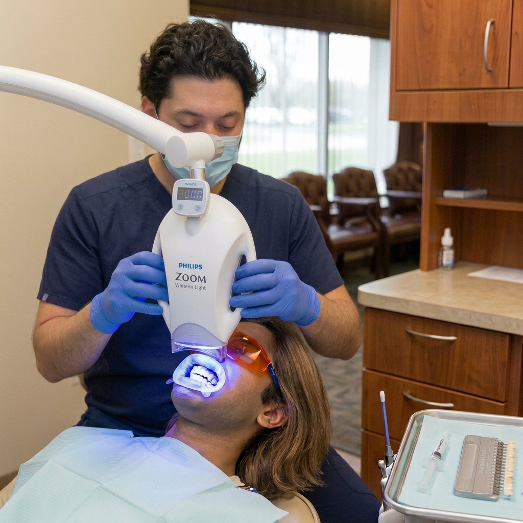 A dentist positions a Zoom whitening light slightly above a patient wearing protective eyewear and a cheek retractor.