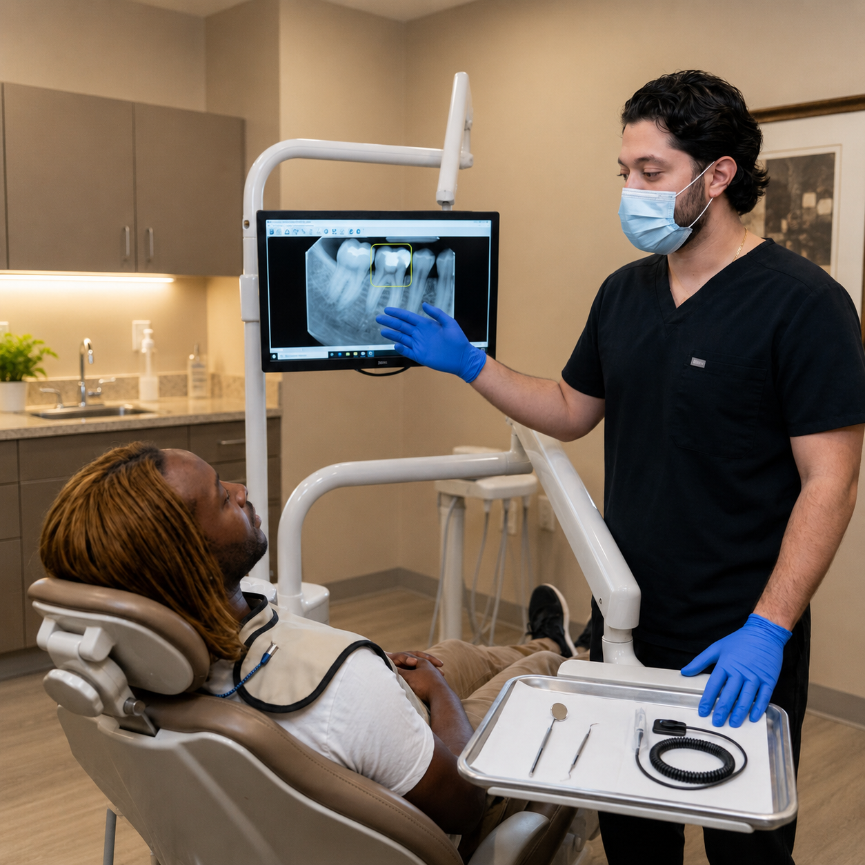A Flint dentist at C. Patrick Gray, DDS. reviews a digital radiograph on a monitor with a patient during a routine dental examination.