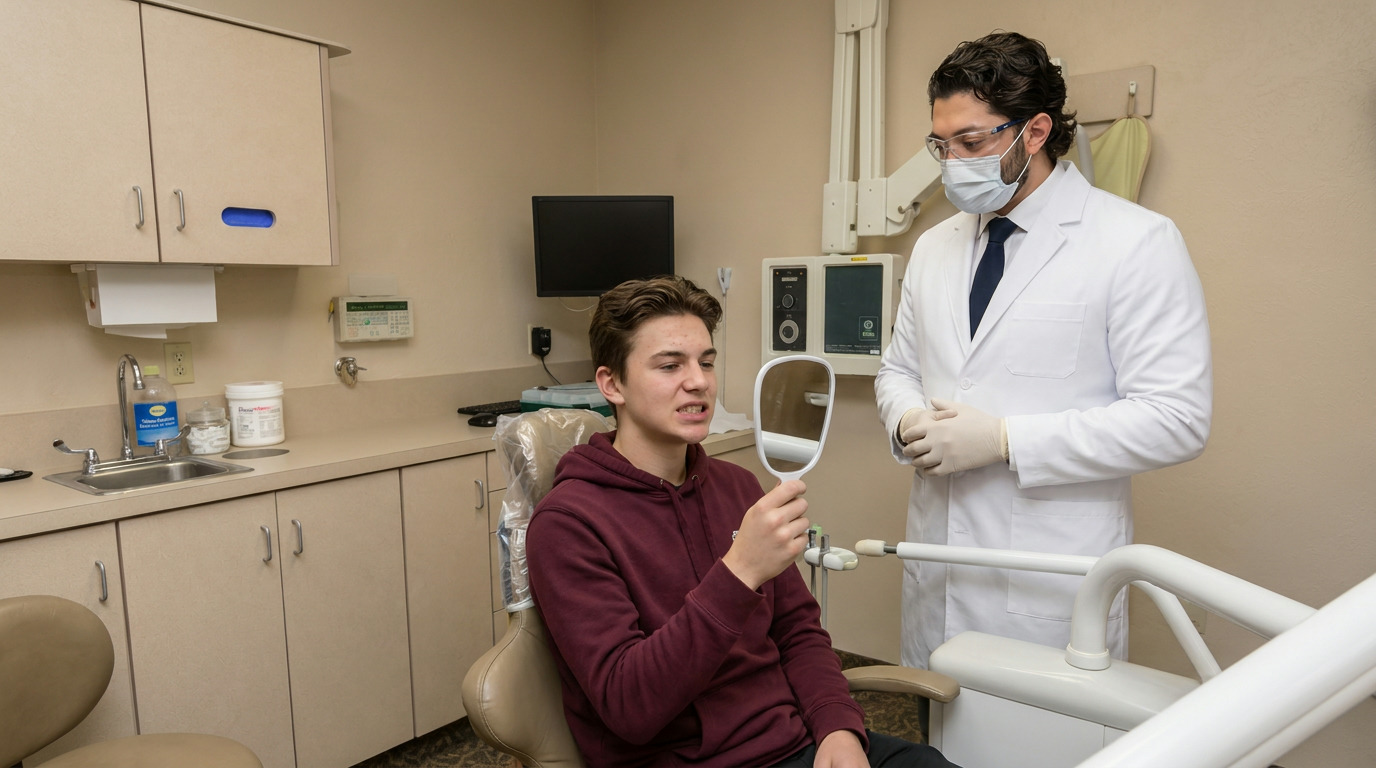 A young man in a burgundy hoodie sits in a dental chair, looking into a small handheld mirror, while a dentist in a white lab coat, mask, and safety glasses stands nearby observing.