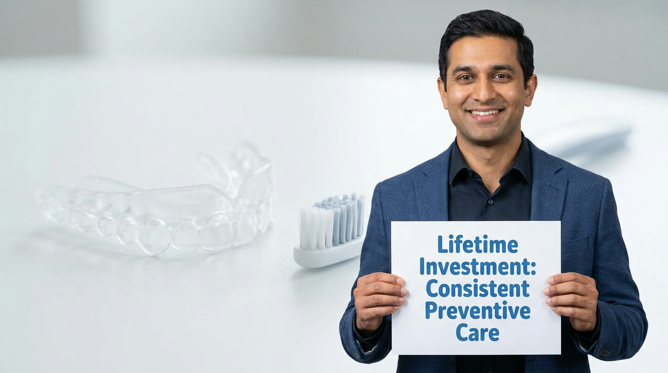 A smiling man in a blue blazer and black shirt holds a white sign that reads "Lifetime Investment: Consistent Preventive Care" in blue text, with a clear dental aligner and toothbrush in the blurred background.