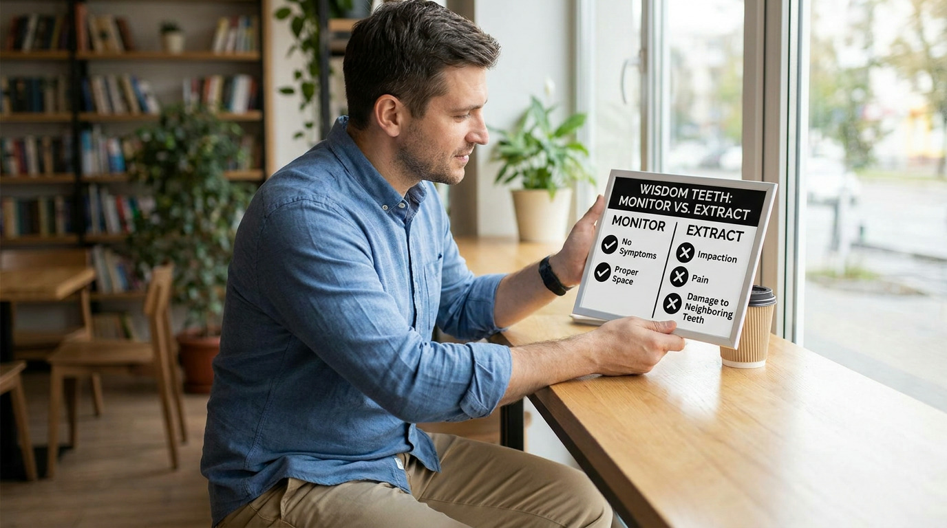 A man in a blue shirt and khaki pants sits at a wooden table, holding up a white sign that reads "Wisdom Teeth: Monitor vs. Extract" with bullet points. A bookshelf and plants are in the background, and a window with an outdoor view is to