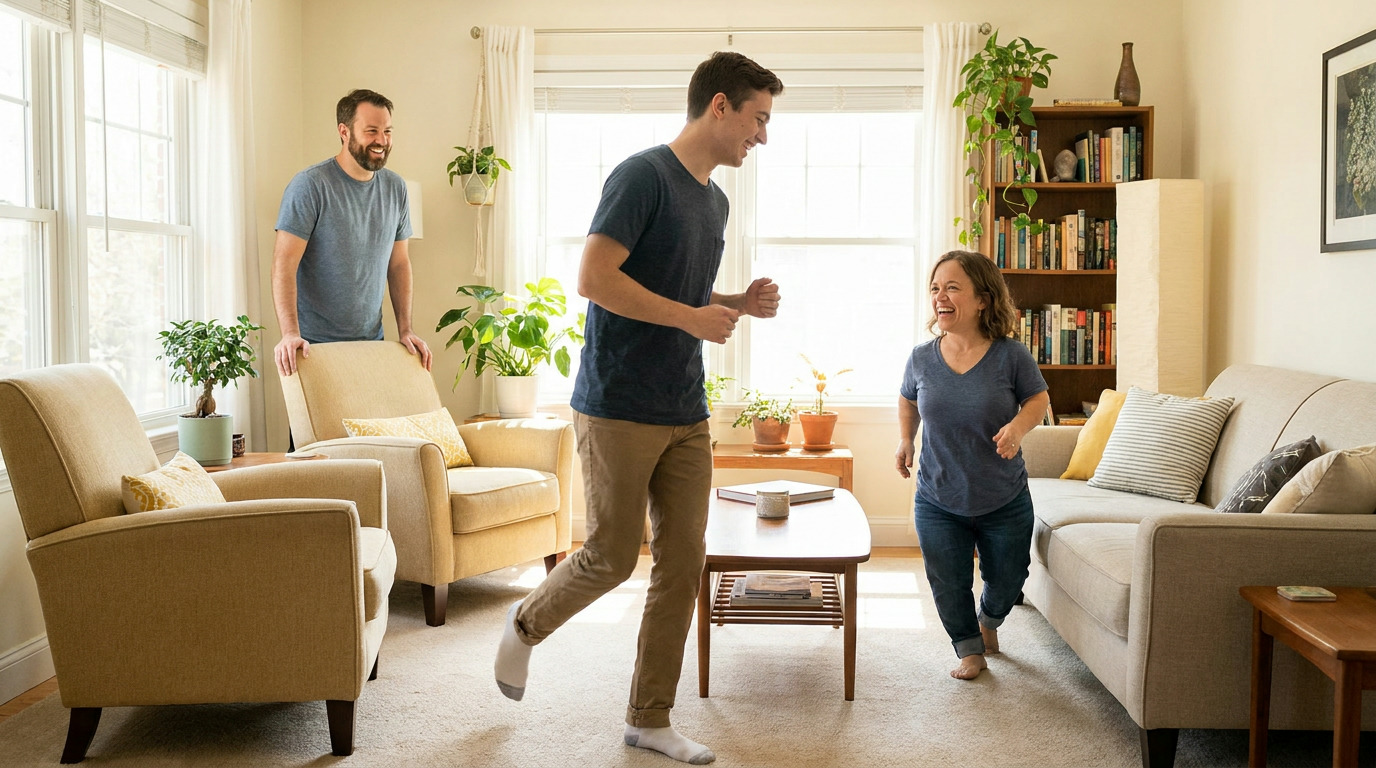 Jacob smiles, leaning on a chair, watching a man in a dark blue shirt and khaki pants playfully chase a woman in a blue shirt and jeans through a brightly lit living room with two chairs, a sofa, and a bookshelf.
