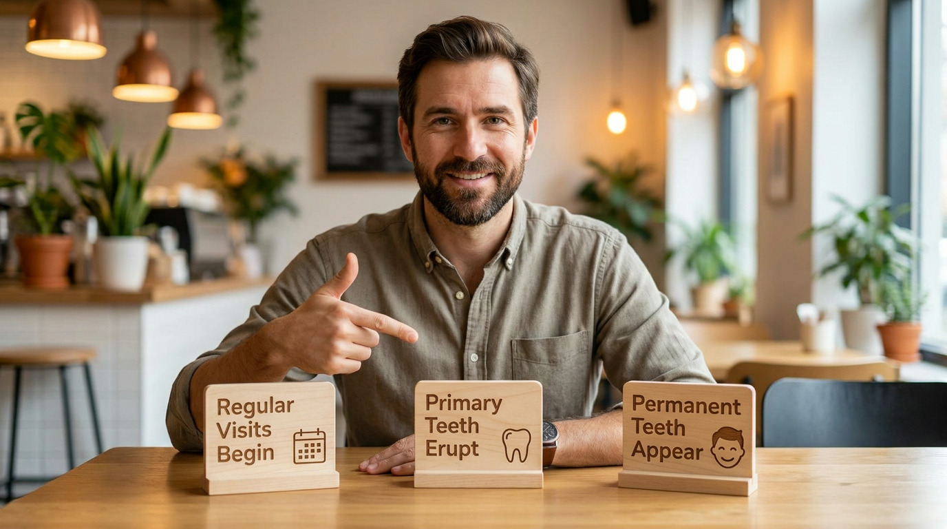 A smiling man with a beard and collared shirt sits at a wooden table, pointing at three small wooden signs that read "Regular Visits Begin," "Primary Teeth Erupt," and "Permanent Teeth Appear" with corresponding icons.