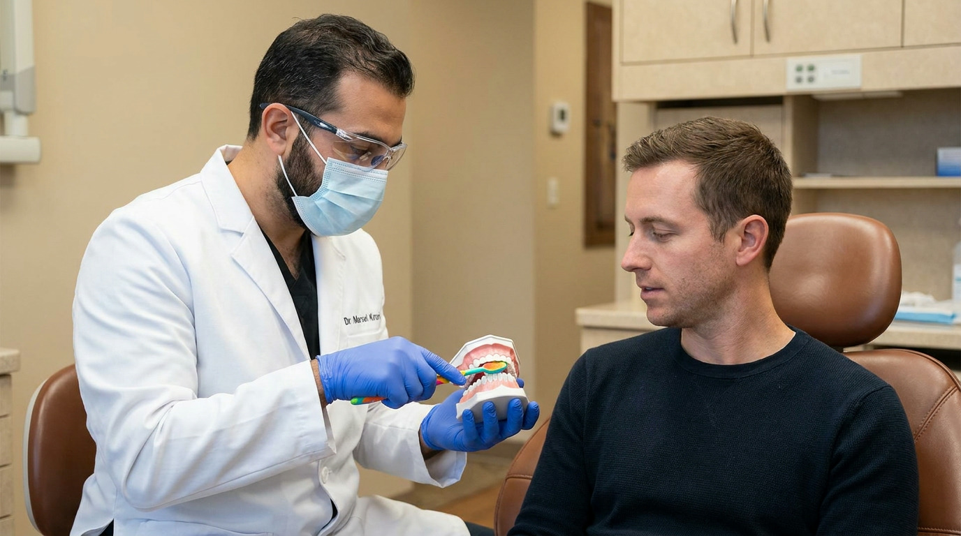 Dr. Marcel Kroni, wearing a mask and safety glasses, demonstrates brushing technique on a dental model with a toothbrush to a patient sitting in a dental chair.