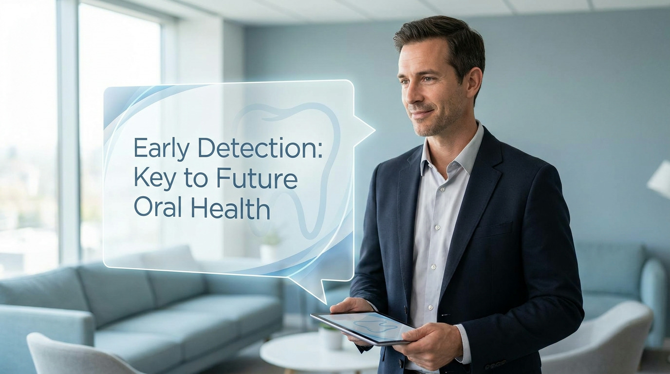 A man in a suit jacket and collared shirt holds a tablet in a modern office setting, looking right, with a glowing speech bubble overlay displaying "Early Detection: Key to Future Oral Health" and a faint tooth outline.