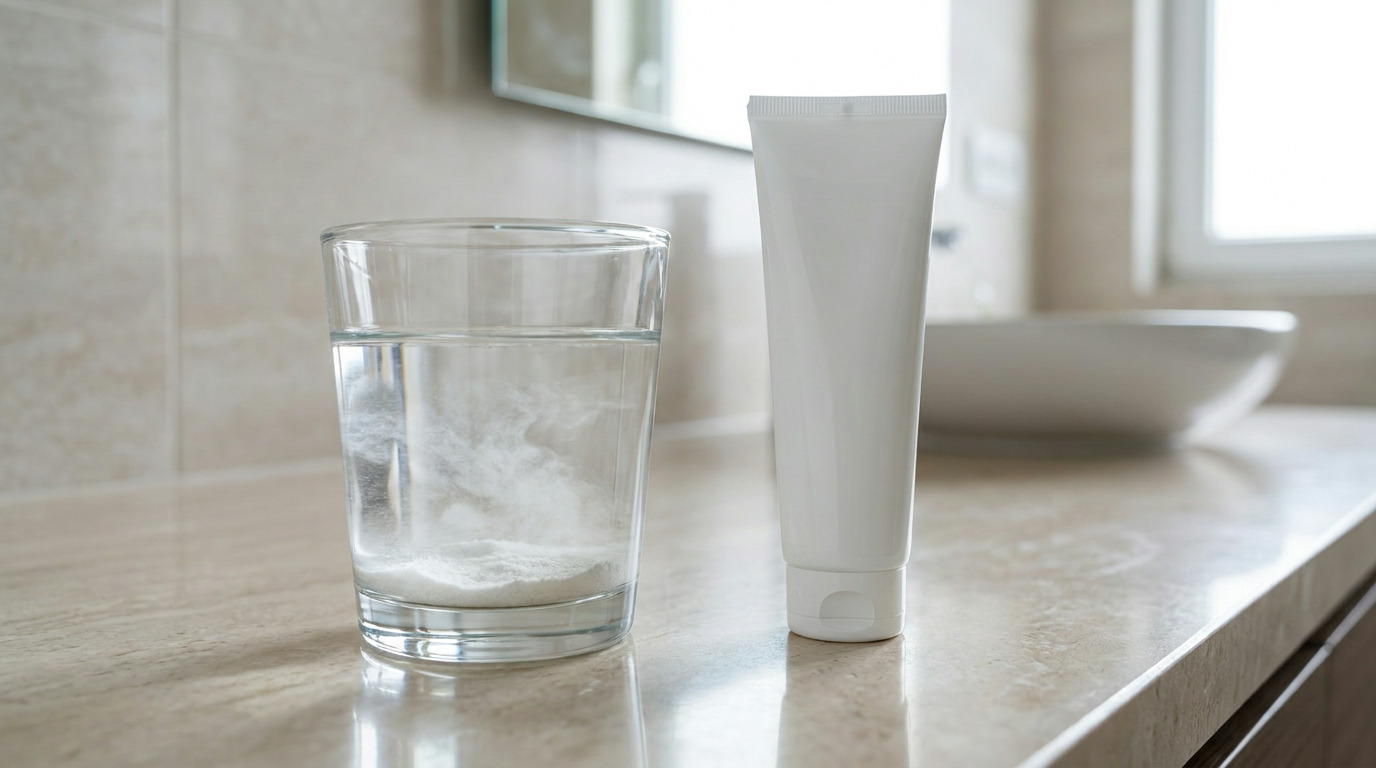 A clear glass of water with white residue and cloudy swirls sits next to a white tube on a light bathroom counter with a sink and window in the background.