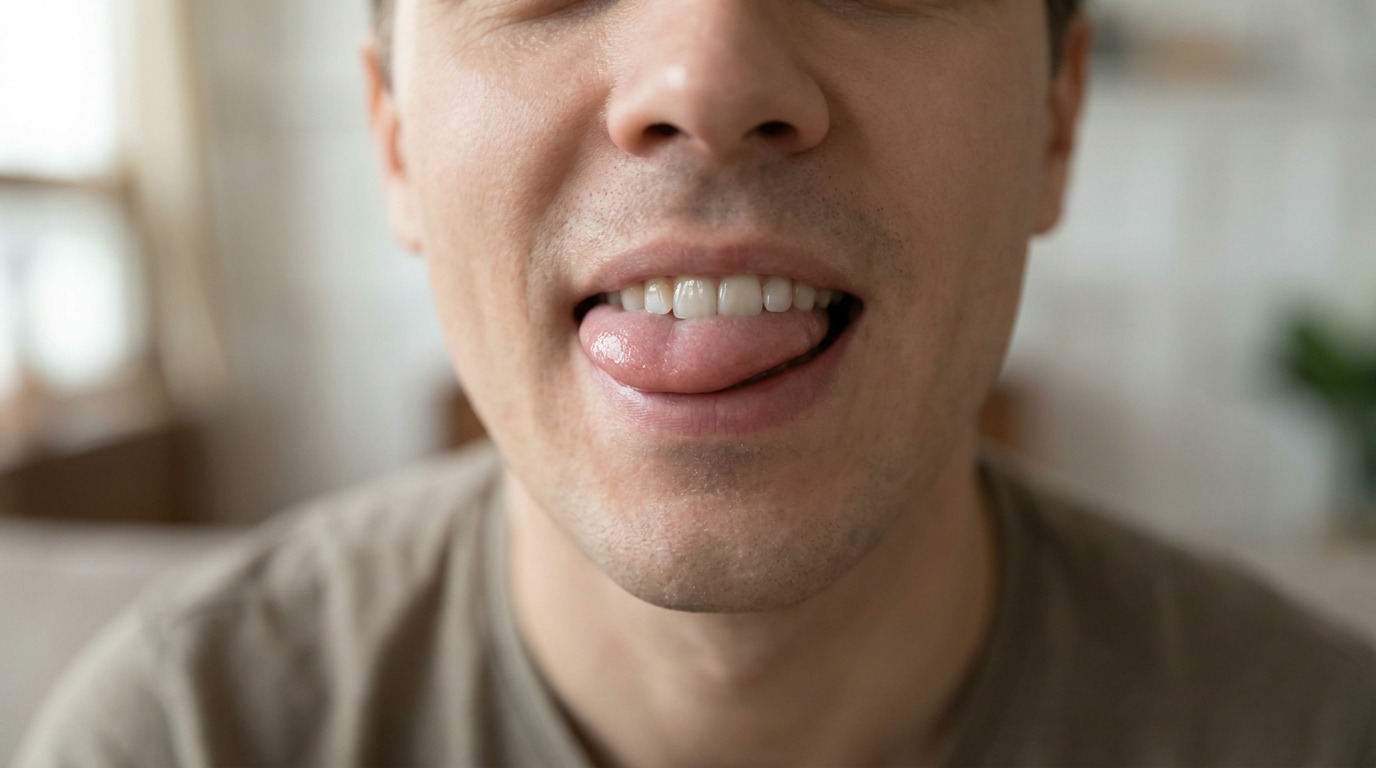 A person with a clean tongue running along their upper front teeth, wearing a tan shirt, with a blurred background.