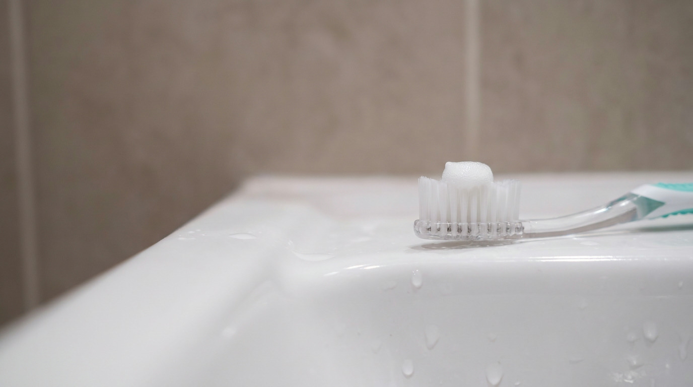 A toothbrush with white toothpaste on its bristles rests on a wet white sink, with a blurry light brown tiled wall in the background.