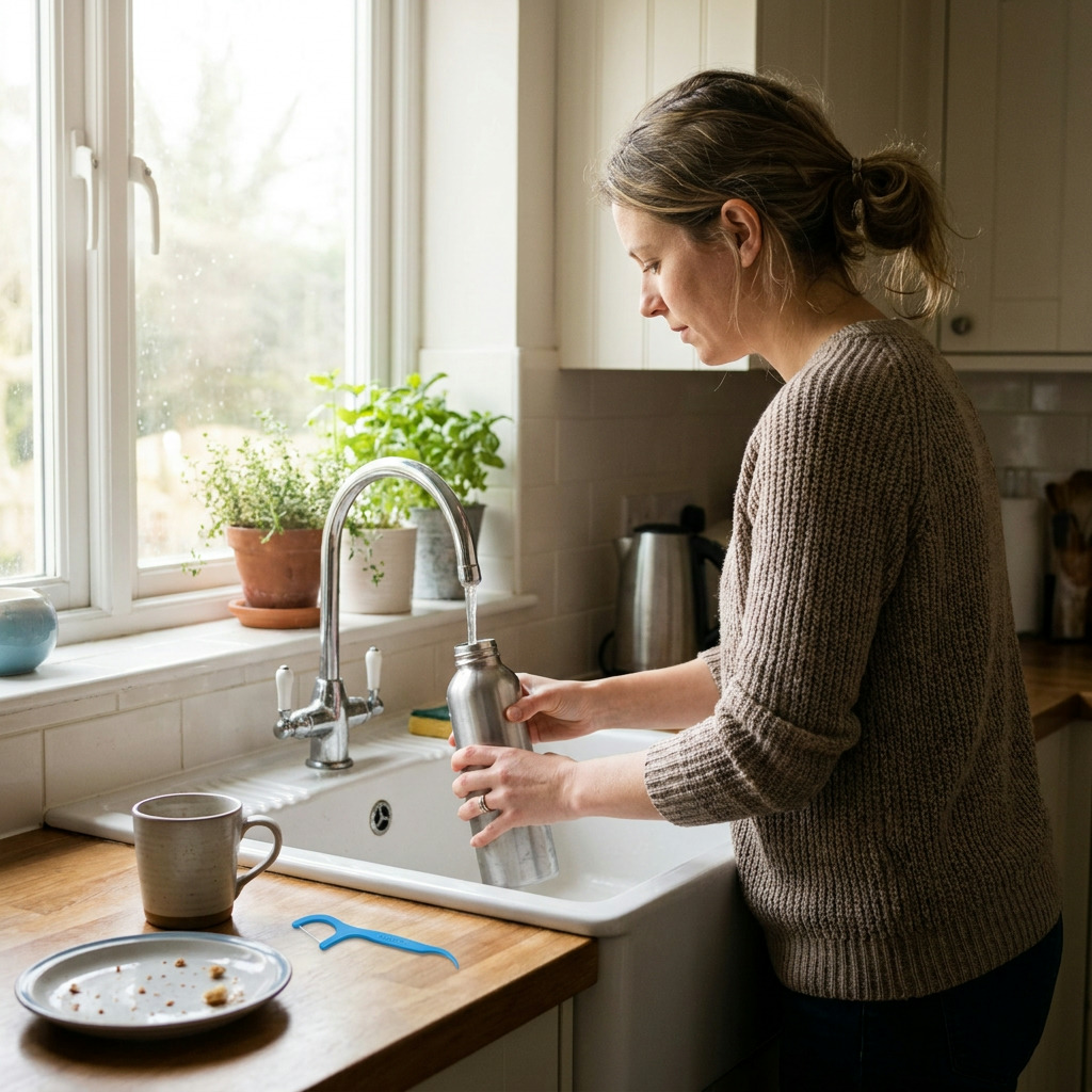 Maya stands at a kitchen sink, filling a silver water bottle from the faucet, with potted plants on the windowsill behind her. A blue floss pick rests on the wooden counter next to a dirty plate and a mug.