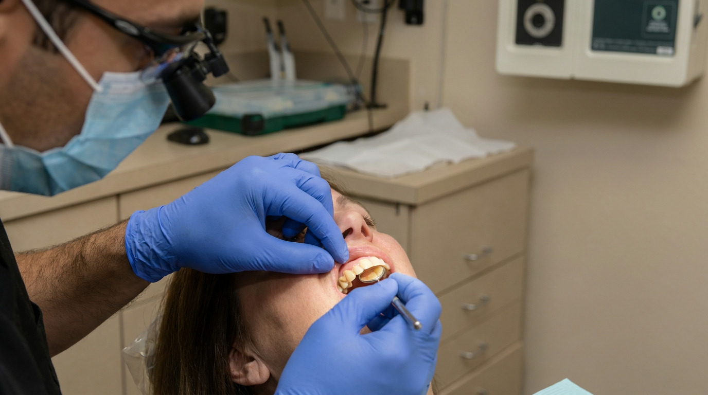 A dentist wearing a face mask and loupes examines a patient's open mouth with gloved hands and a dental mirror, revealing the lower teeth and gums.