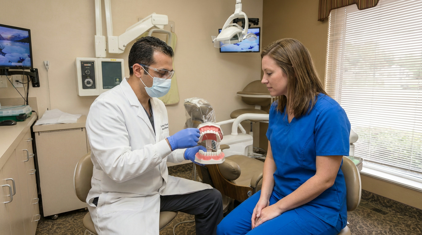 Dr. Marcel Kroni, wearing a lab coat, mask, and gloves, demonstrates flossing on a dental model to Megan, who is seated in blue scrubs in a dental office with equipment and a window.
