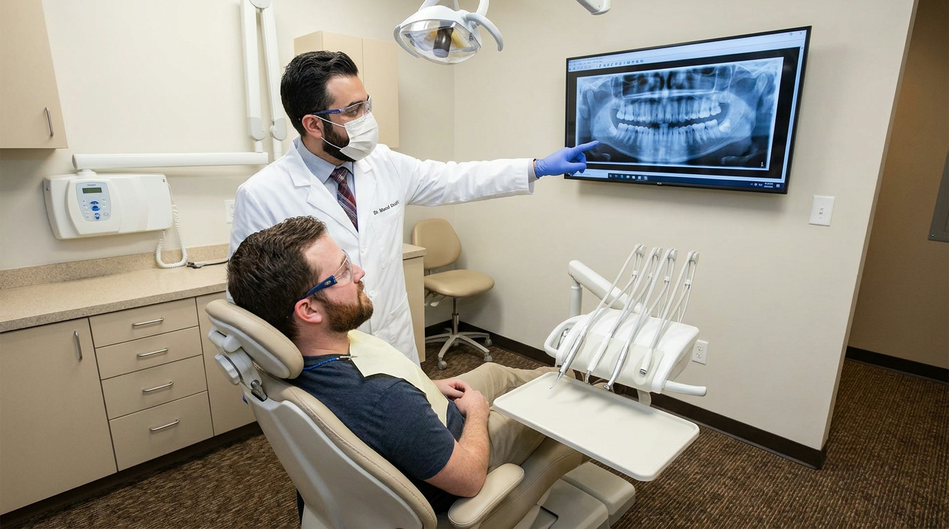 A dentist in a white lab coat, mask, and safety glasses points to a dental X-ray on a wall-mounted monitor while a patient in a dental chair, wearing safety glasses and a bib, looks on.