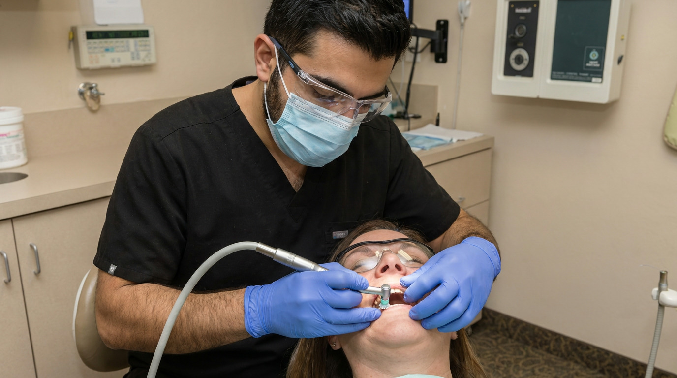 Dr. Marcel Kroni, wearing a black scrub top, blue mask, and safety glasses, uses a polishing tool to clean a patient's teeth while the patient wears protective eyewear in a dental office.