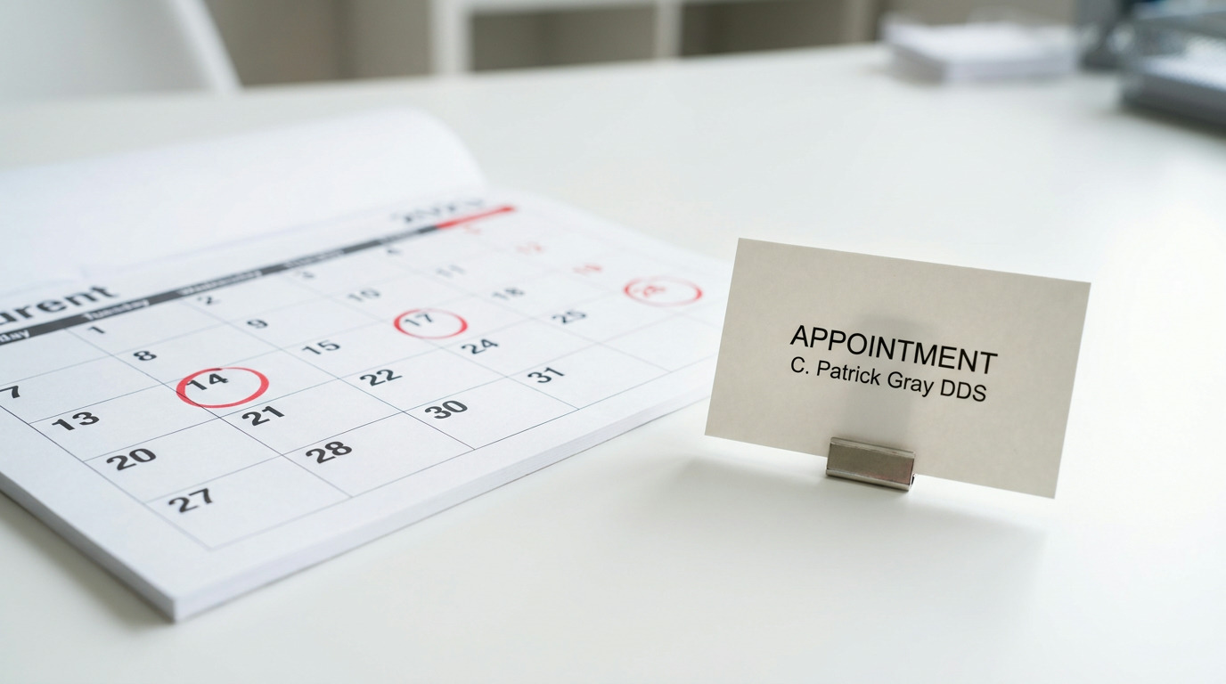 A calendar page with several dates circled in red, including the 14th, sits next to a white appointment card for C. Patrick Gray DDS, held by a metal clip on a white desk.