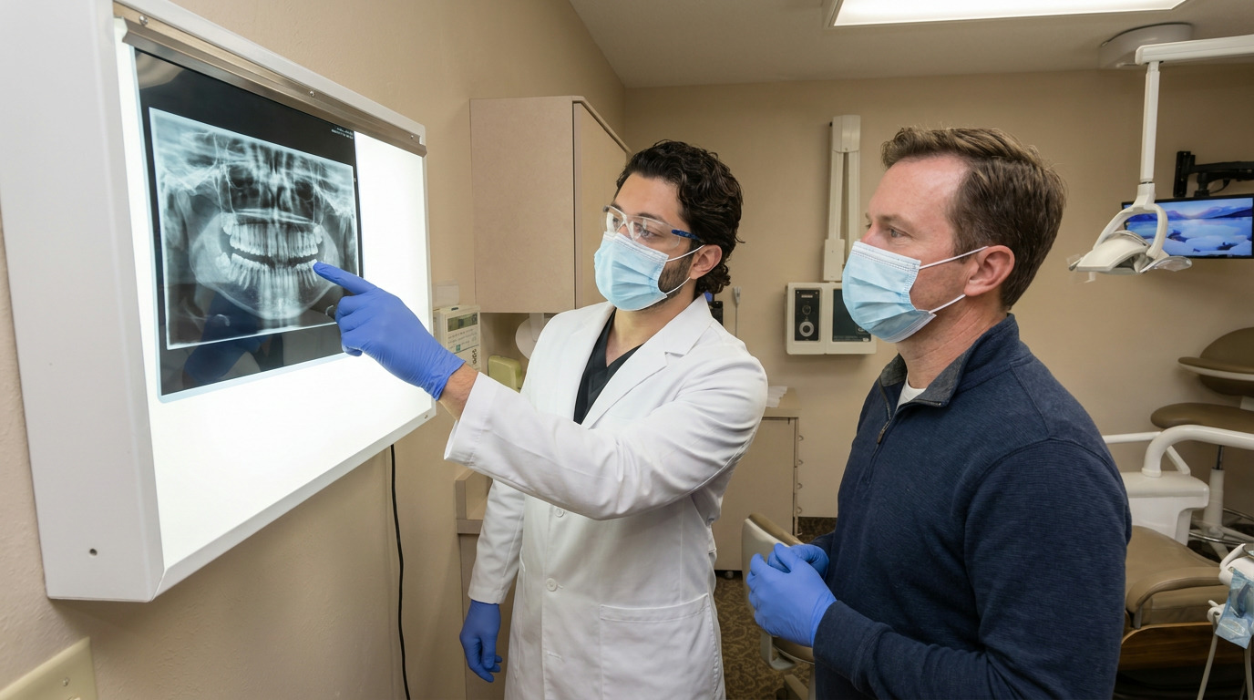 Dr. Marcel Kroni, wearing a white lab coat, safety glasses, face mask, and blue gloves, points to a panoramic dental X-ray on an illuminated light box while Carter, also wearing a face mask and blue gloves, looks on in a dental office.