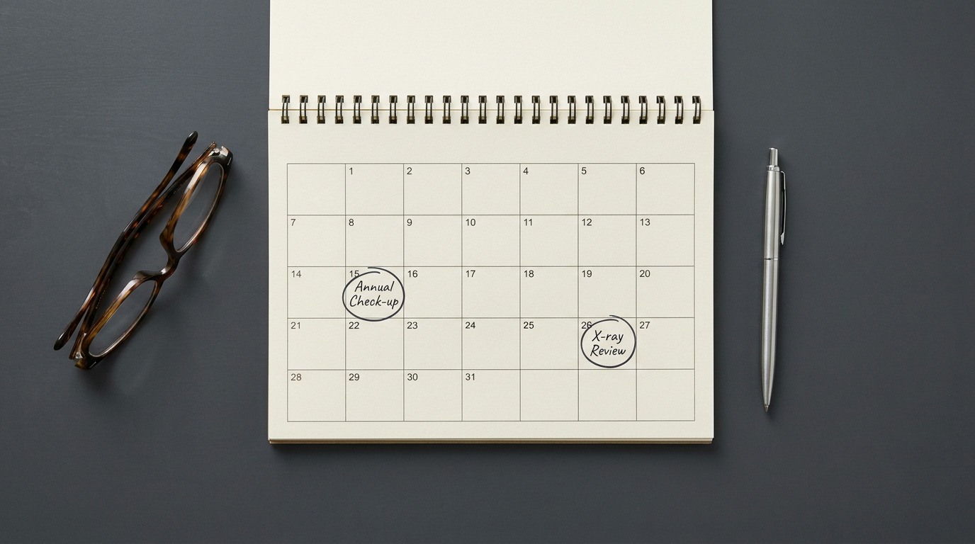 A desk calendar with "Annual Check-up" circled on the 15th and "X-ray Review" circled on the 26th, next to a silver pen and tortoise-shell glasses, all on a dark gray surface.