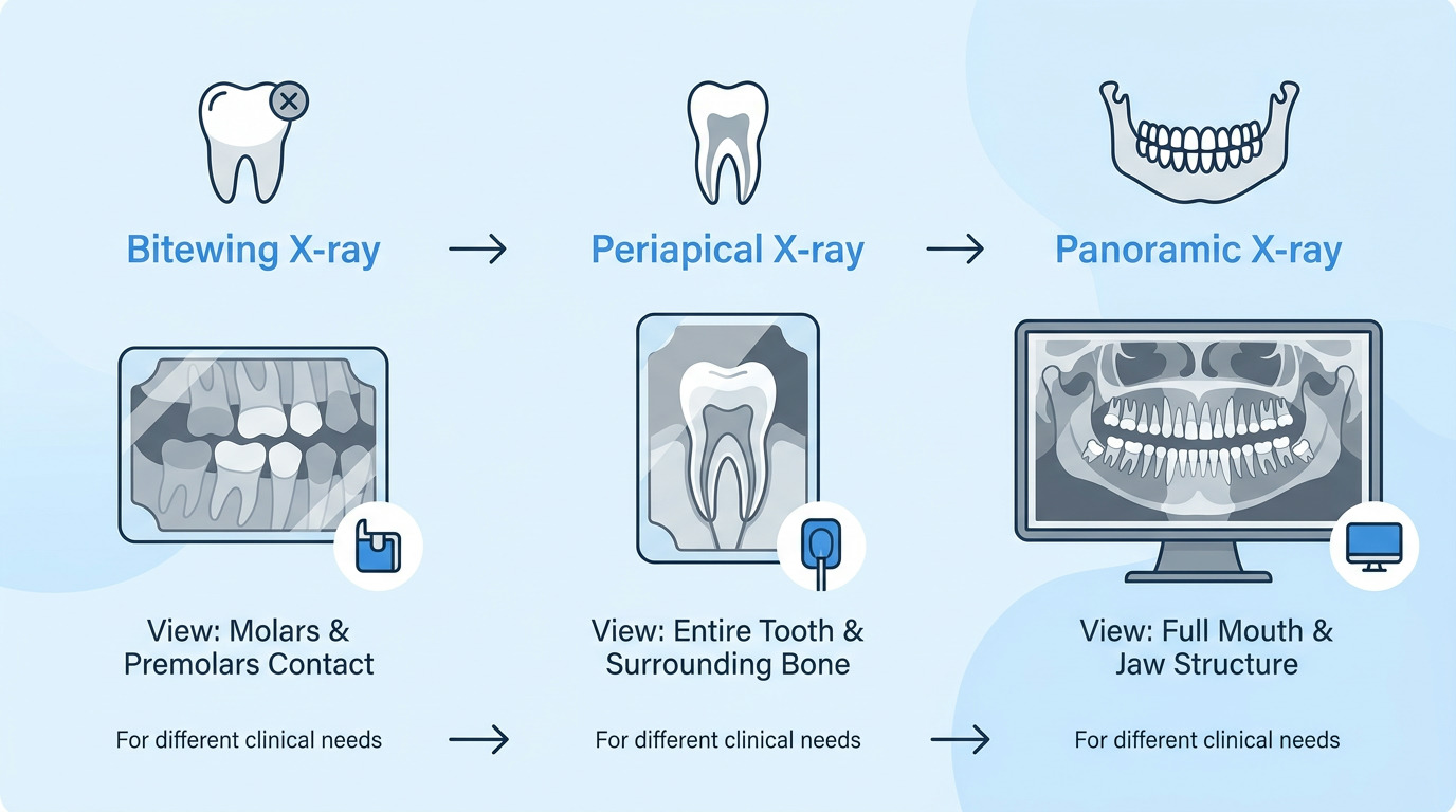 An infographic displays three types of dental X-rays: a bitewing X-ray showing molars and premolars, a periapical X-ray showing an entire tooth and surrounding bone, and a panoramic X-ray on a monitor showing the full mouth and jaw