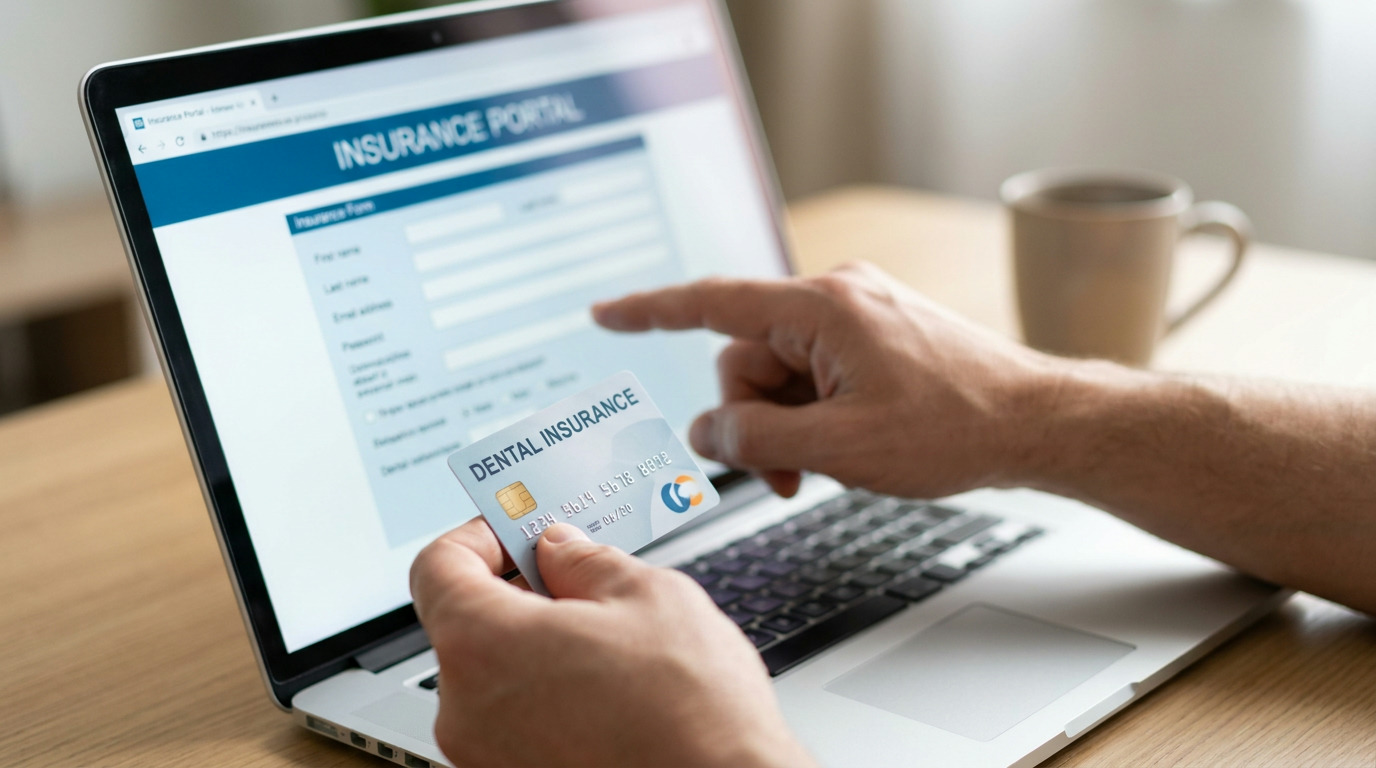 A person's hands hold a dental insurance card and point at a laptop screen displaying an "Insurance Portal" form, with a blurred mug in the background.