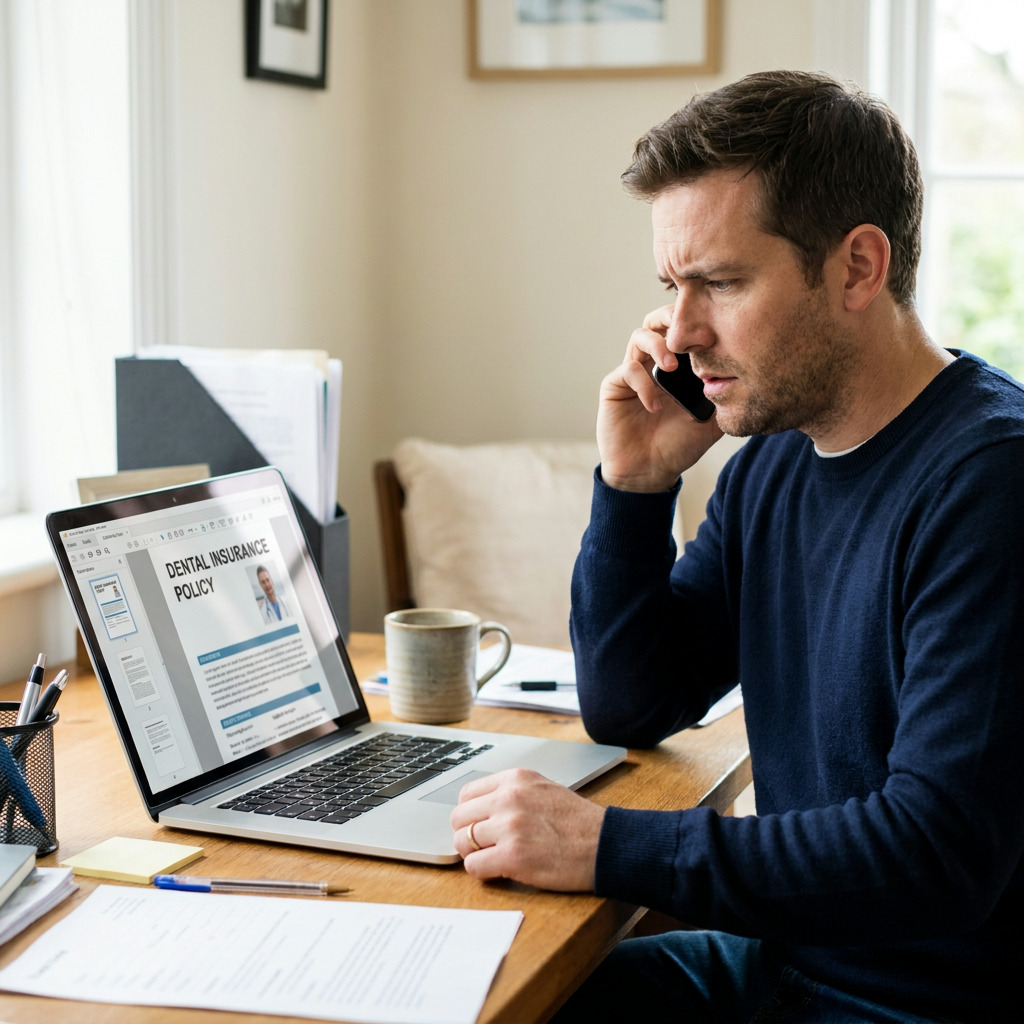 Logan sits at a wooden desk, wearing a navy sweater, holding a phone to his ear with a concerned expression while looking at a laptop displaying a "Dental Insurance Policy" document. A coffee mug, papers, and pens are also on the desk.