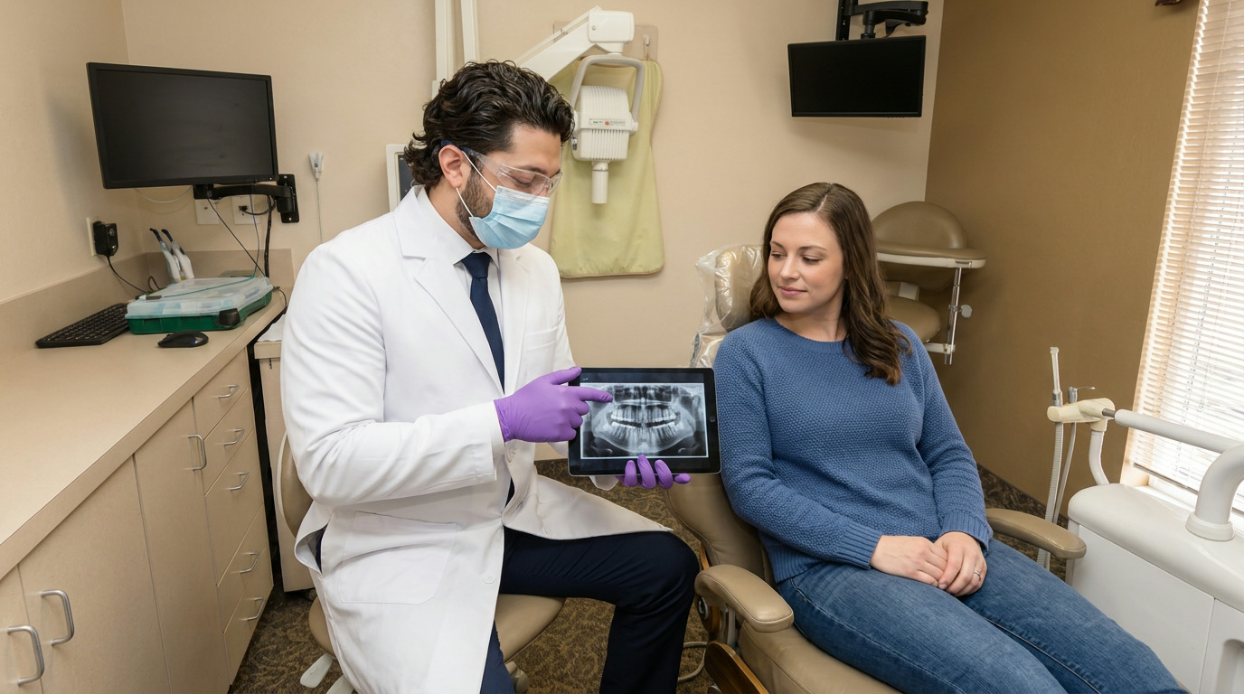 Dr. Marcel Kroni, wearing a lab coat, mask, and gloves, points to a dental X-ray on a tablet for Morgan, who sits in a dental chair in a clean operatory with dental equipment and a window with blinds.
