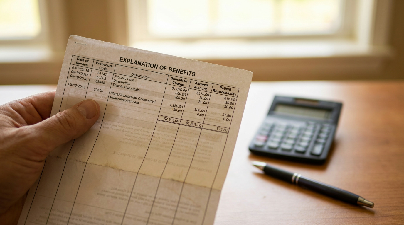 A hand holds an Explanation of Benefits form, with a blurred calculator and a black pen resting on a wooden desk in the background near a window.