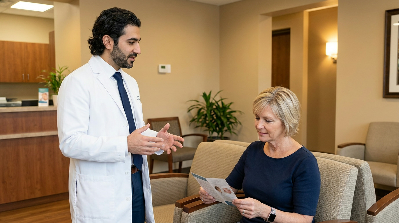 A dentist in a white lab coat and blue tie stands gesturing to a seated woman in a navy top who is looking at a brochure in a modern waiting room with light brown walls and chairs.