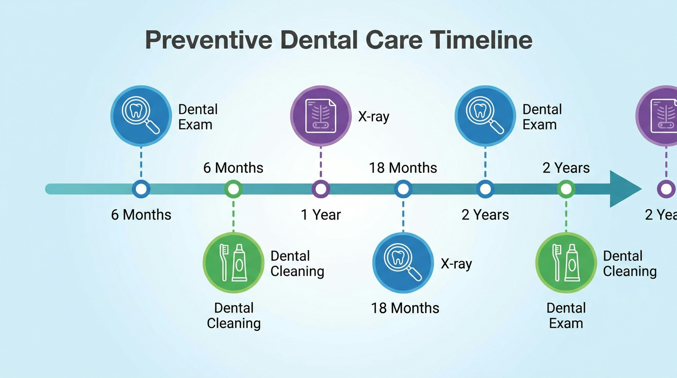 An infographic displays a horizontal timeline of preventive dental care milestones, including dental exams, X-rays, and dental cleanings, at intervals of 6 months, 1 year, 18 months, and 2 years.