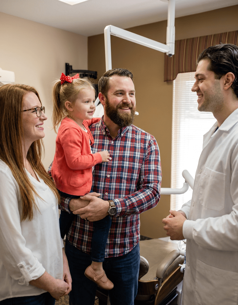 Dr. Kroni warmly converses with a happy family of three after their pediatric dentistry appointment.