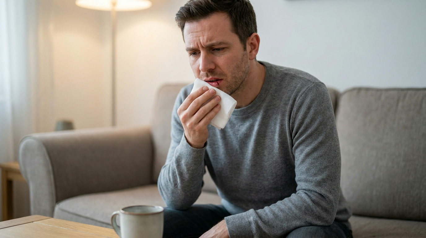 Patrick sits on a sofa, pressing a white tissue to his lower lip, which has a small cut, while a mug sits on a table in the foreground.
