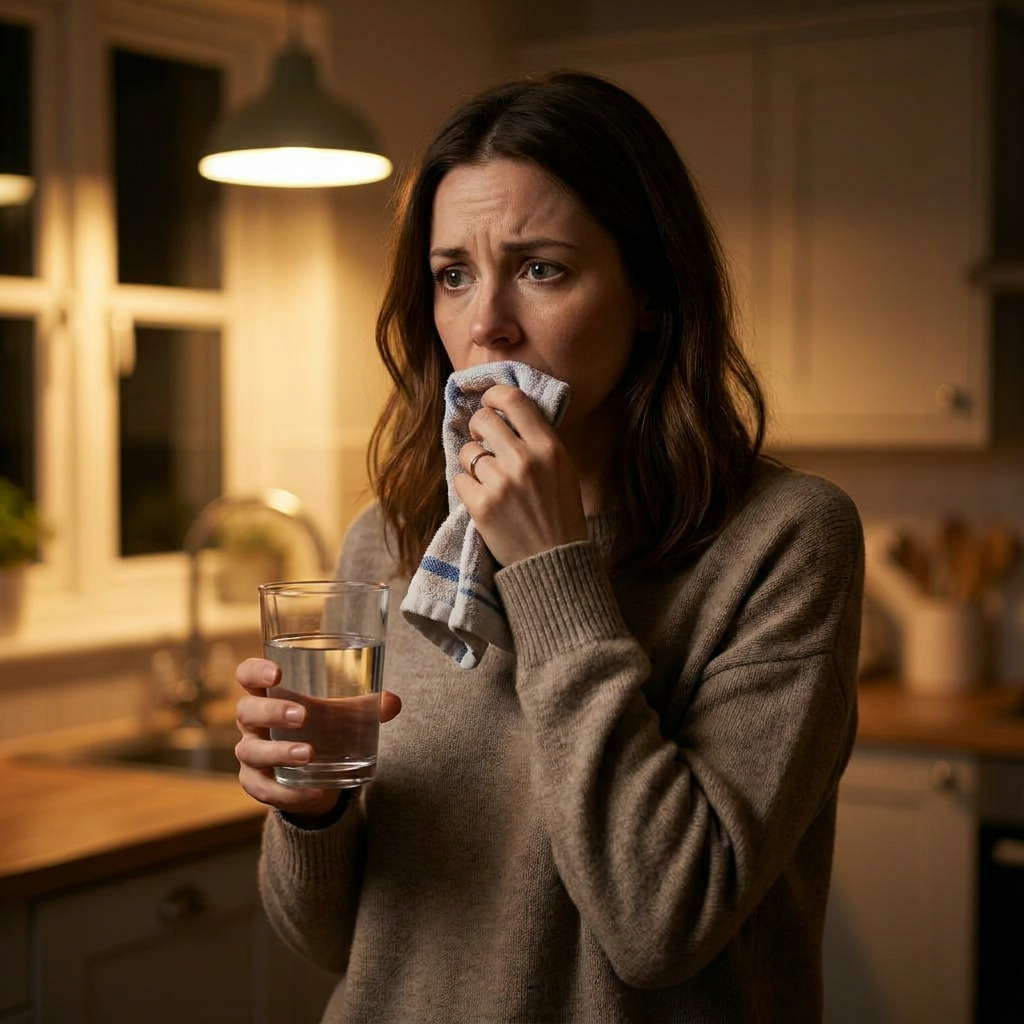 Lily stands in a kitchen, holding a glass of water in one hand and a small striped towel to her mouth with an alarmed expression, illuminated by a hanging light fixture.
