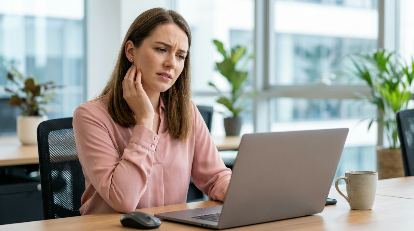 Grace sits at an office desk with a laptop, looking concerned while touching her jaw.