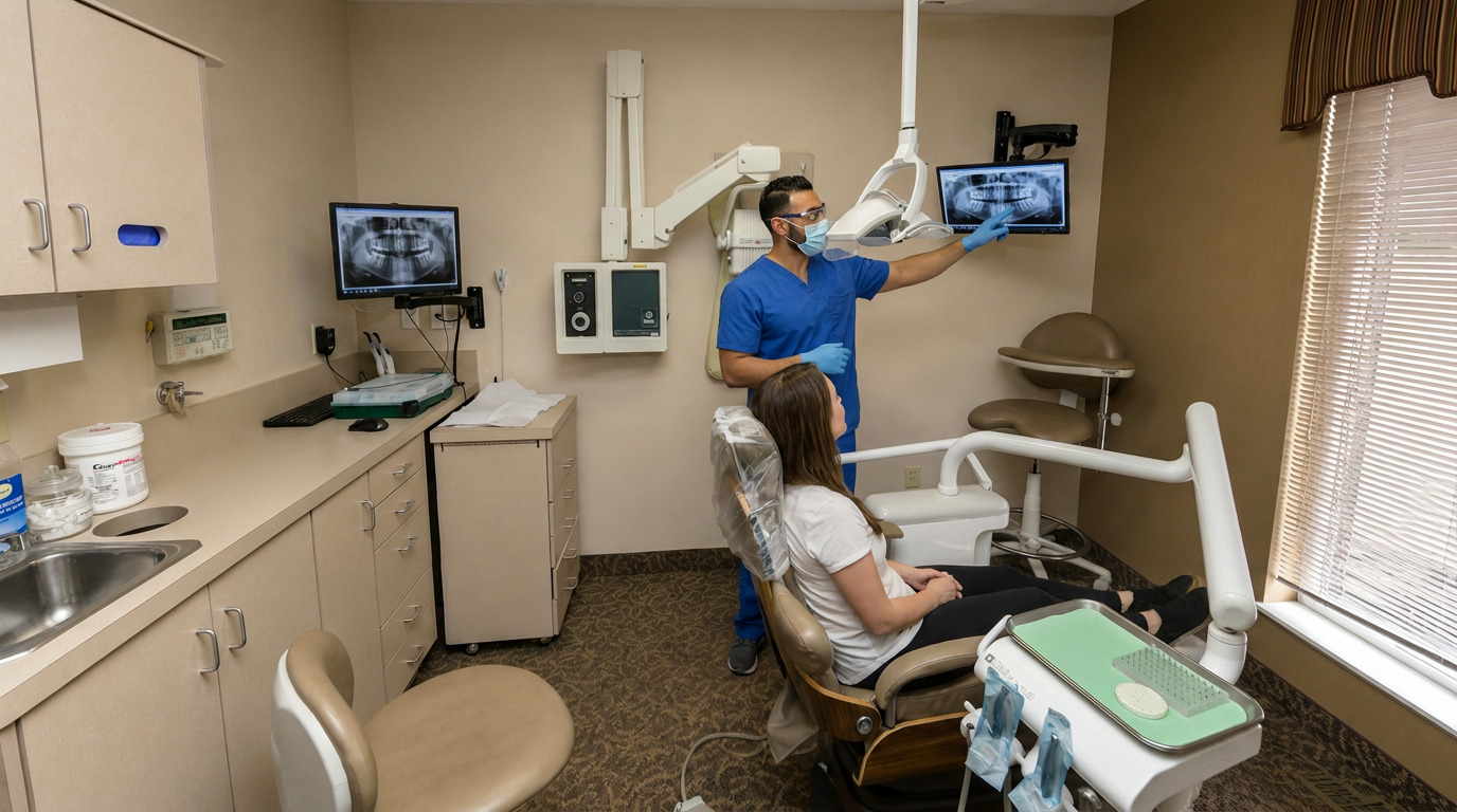 Dr. Brandon, wearing blue scrubs and a mask, points to a dental X-ray on a monitor while a patient, Grace, sits in a dental chair in a treatment room.