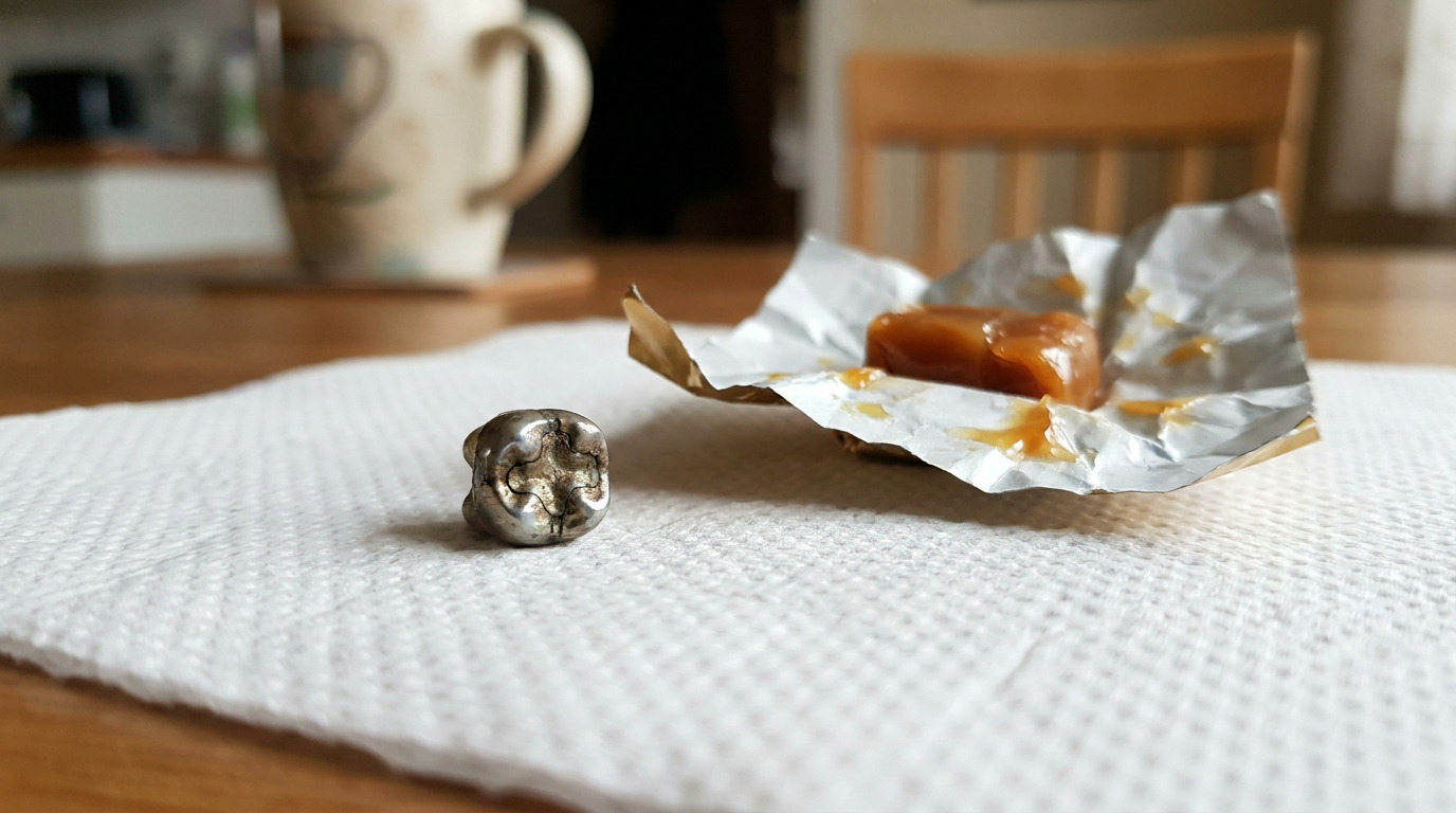 A silver dental filling and a sticky caramel candy in its wrapper rest on a white paper napkin on a wooden table, with a mug and chair blurred in the background.