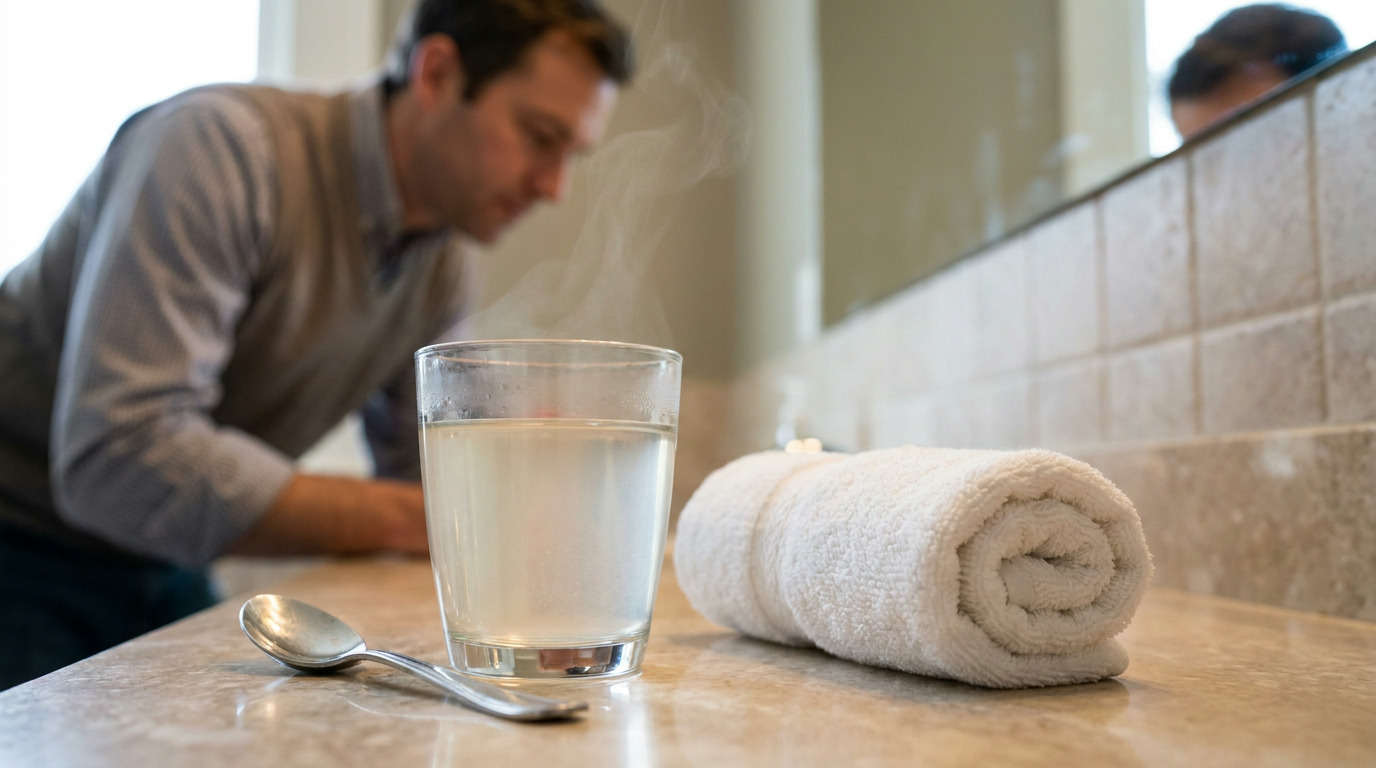 A man leans over a bathroom counter with a steaming glass of water, a spoon, and a rolled white towel beside him.