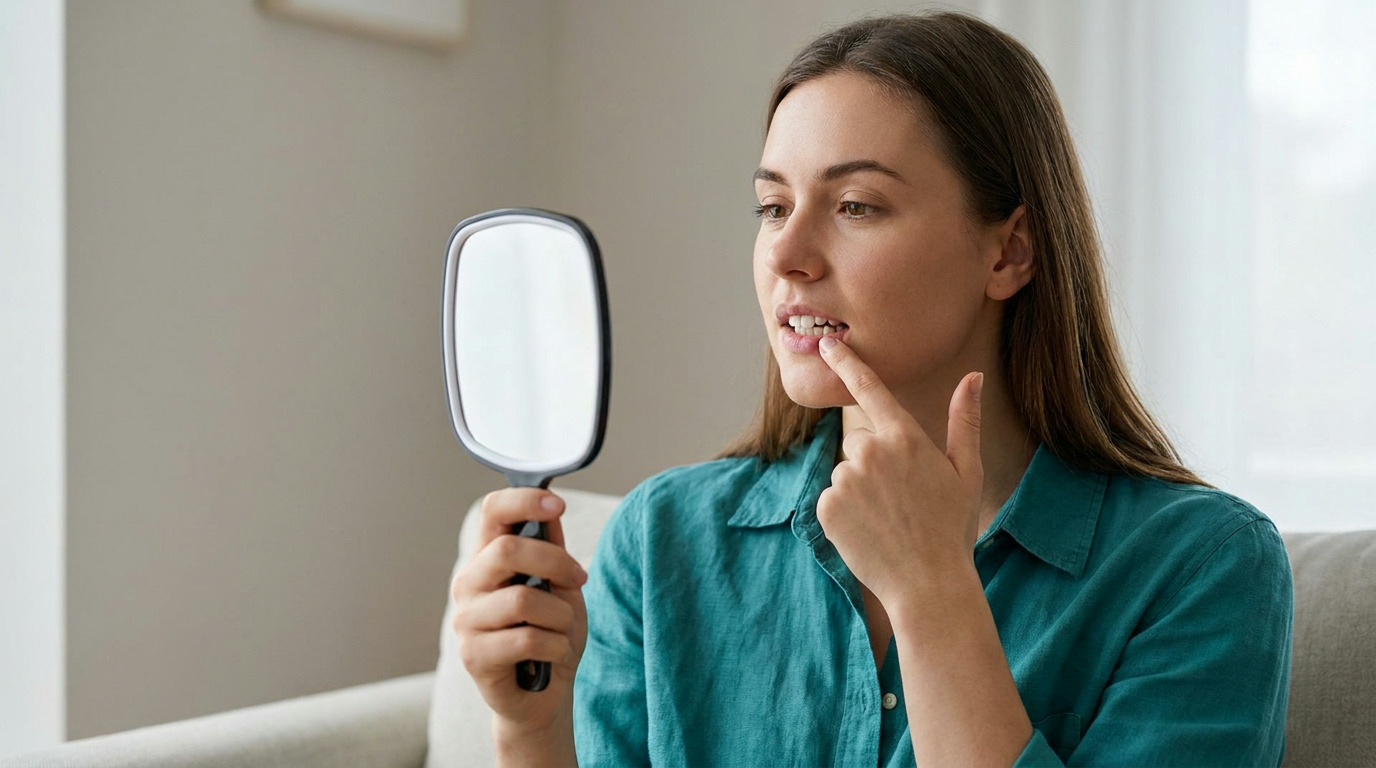 Grace holds a hand mirror, looking at her reflection while pointing to her upper front teeth with her finger.