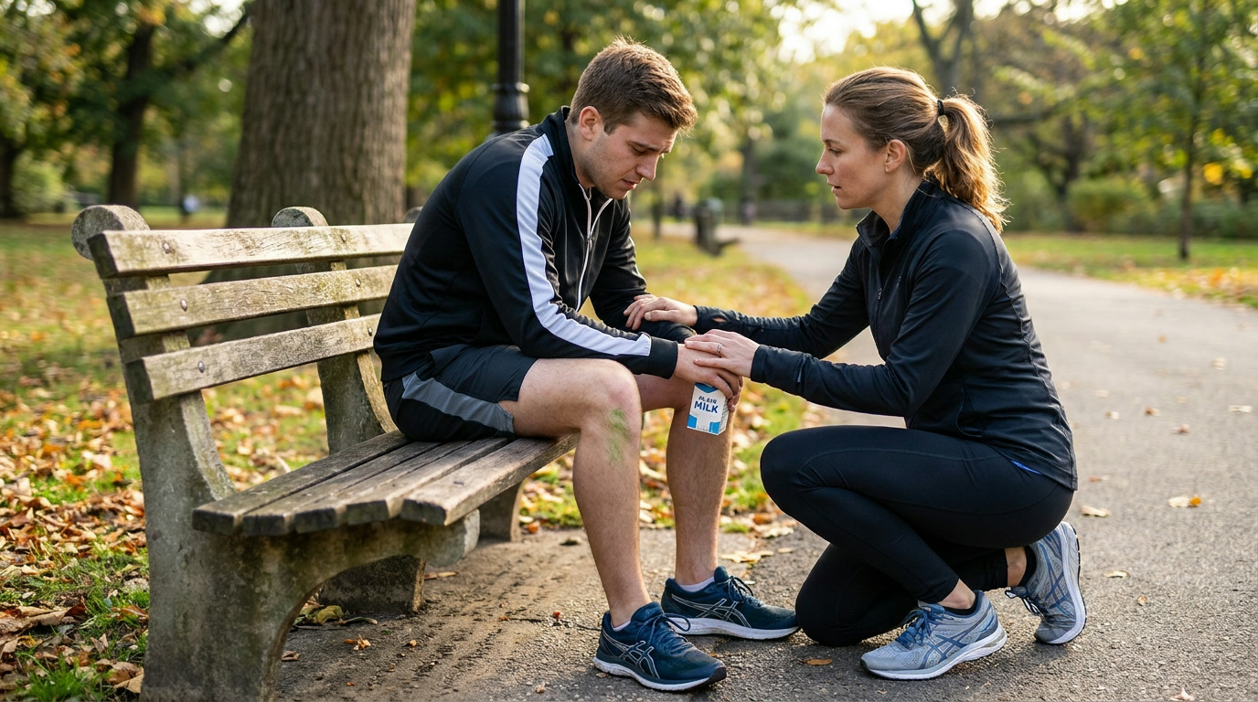 Andrew sits on a park bench, looking down, with a small milk carton on his knee, which has a green stain. Ashley kneels beside him, holding his hands, both wearing athletic clothing in a park setting.