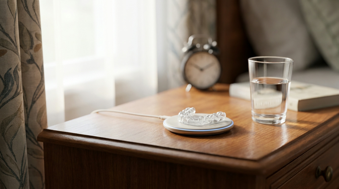 A clear night guard rests on a white charging pad next to a glass of water and a book on a wooden bedside table, with a blurred alarm clock and patterned curtains in the background.