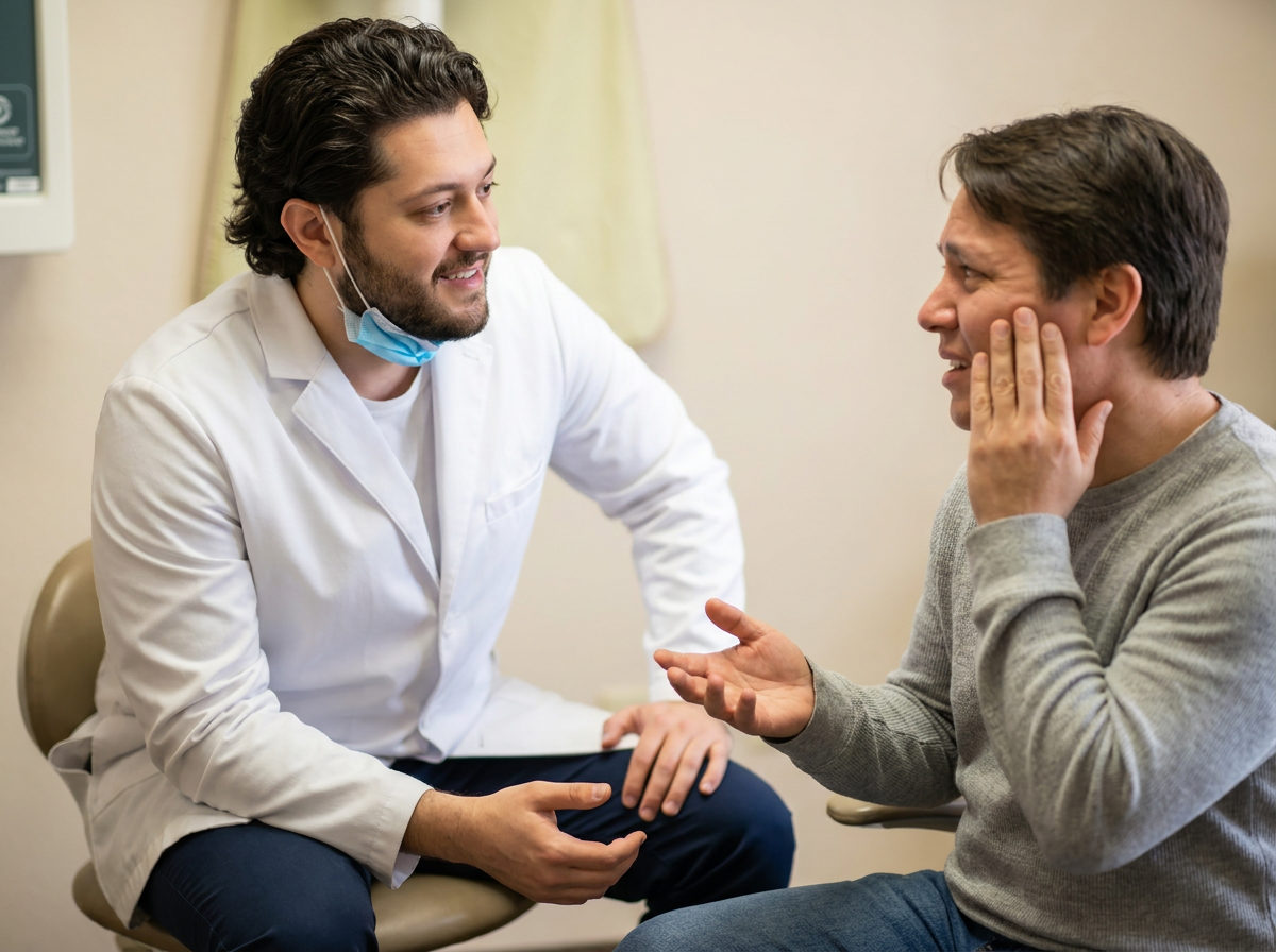 Dr. Gray listens to an emergency patient at C. Patrick Gray DDS in Flint, MI, as they describe tooth pain during a consult.