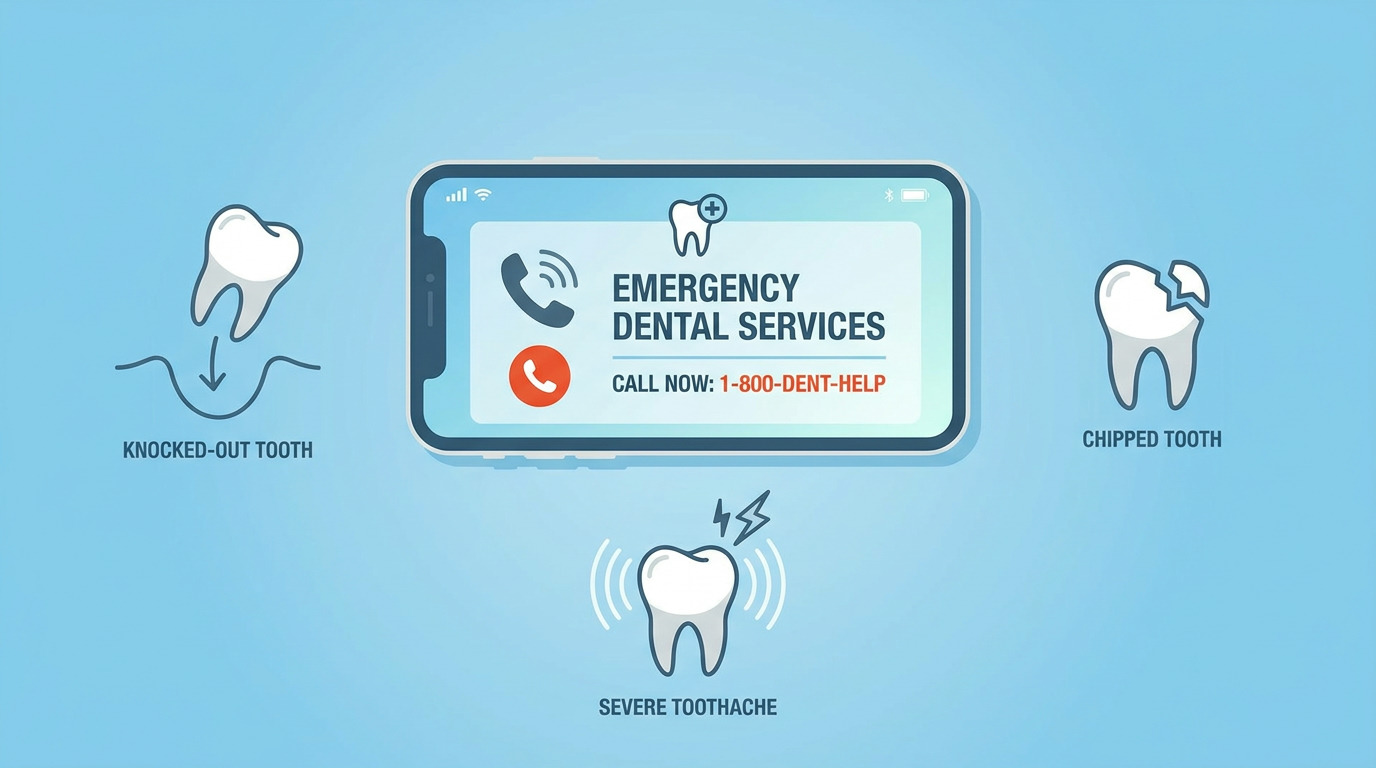 A smartphone displays emergency dental services contact information, surrounded by icons of a knocked-out tooth, a chipped tooth, and a tooth with a severe toothache.