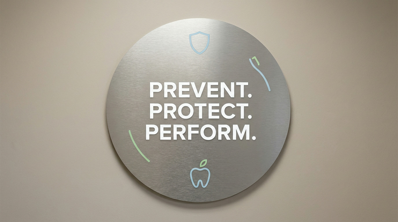 A circular brushed metal sign on a beige wall displays "PREVENT. PROTECT. PERFORM." with outlines of a shield, toothbrush, and tooth.