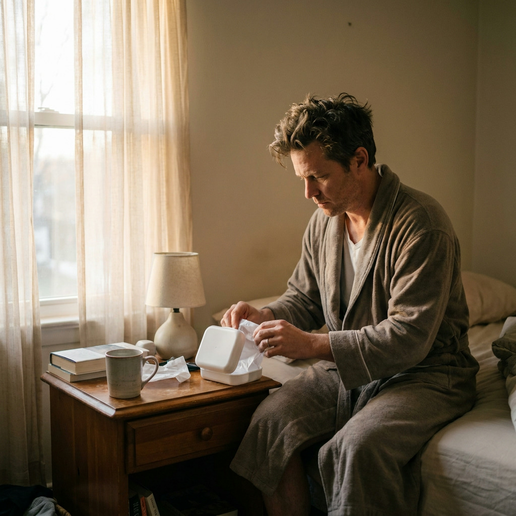 Logan sits on a bed in a sunlit room, wearing a gray robe and unwrapping a white case on a wooden nightstand next to a lamp, books, and a mug.