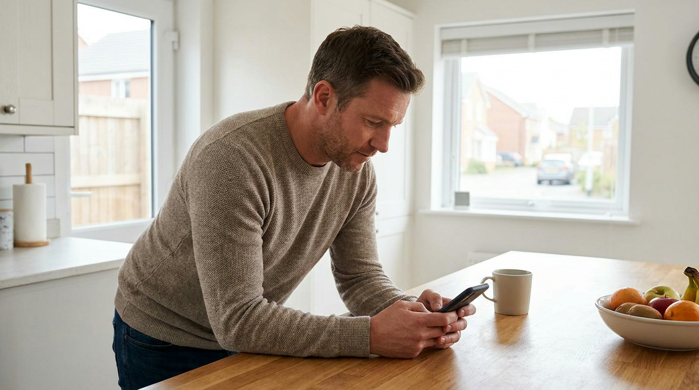Logan leans on a wooden kitchen counter, looking down at his phone, with a mug and a bowl of fruit nearby.