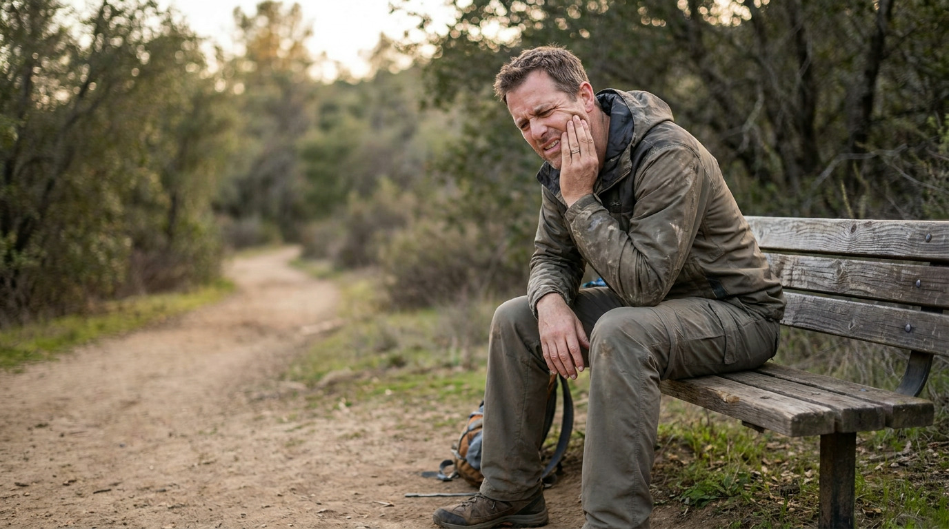 Logan sits on a wooden bench on a dirt path, holding his jaw with a pained expression, wearing a dirty olive jacket and pants, with trees and brush in the background.