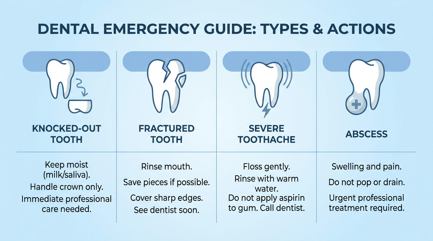 Infographic titled "Dental Emergency Guide: Types & Actions" shows icons and text for knocked-out tooth, fractured tooth, severe toothache, and abscess.