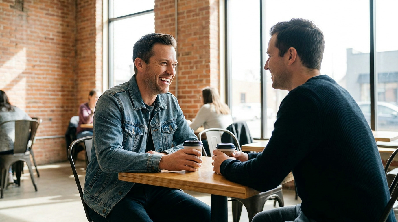 Two men sit at a wooden table in a coffee shop, holding coffee cups and smiling at each other, with brick walls and large windows in the background.