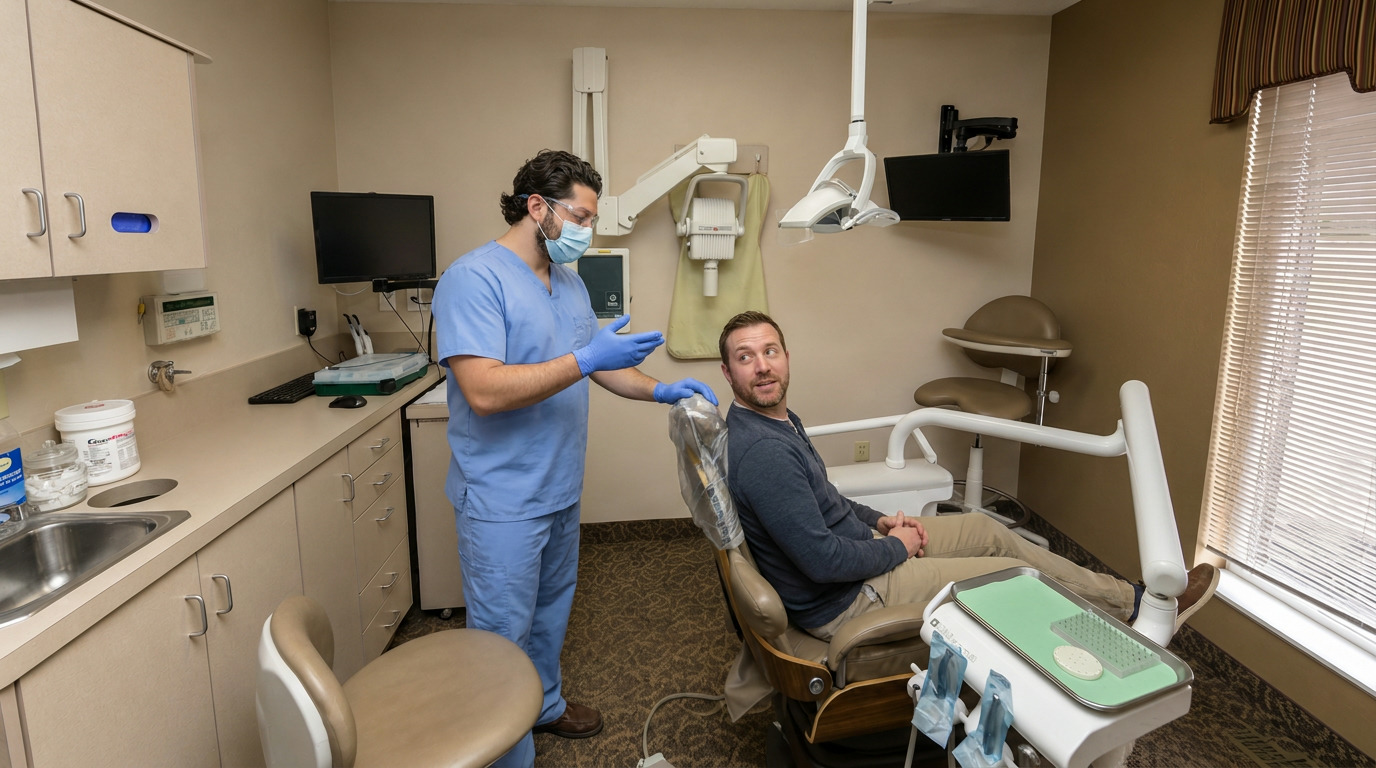 A dentist in blue scrubs and a mask talks to a patient seated in a dental chair in an examination room.