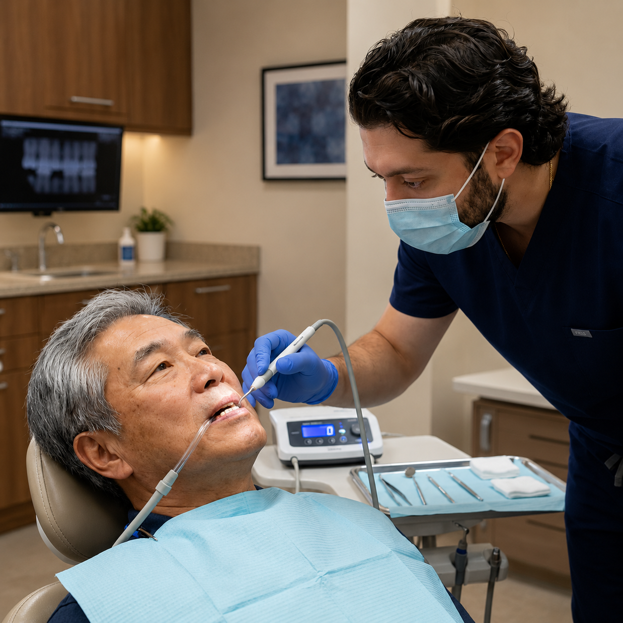 Dentist performing a dental cleaning on an older male patient in a modern dental clinic.
